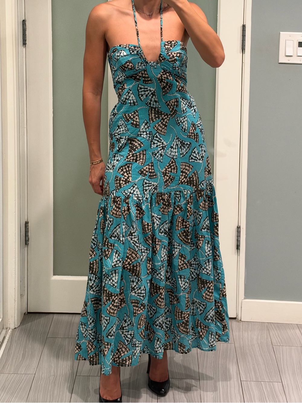 Karina Grimaldi Turquoise Printed Halter Maxi Dress